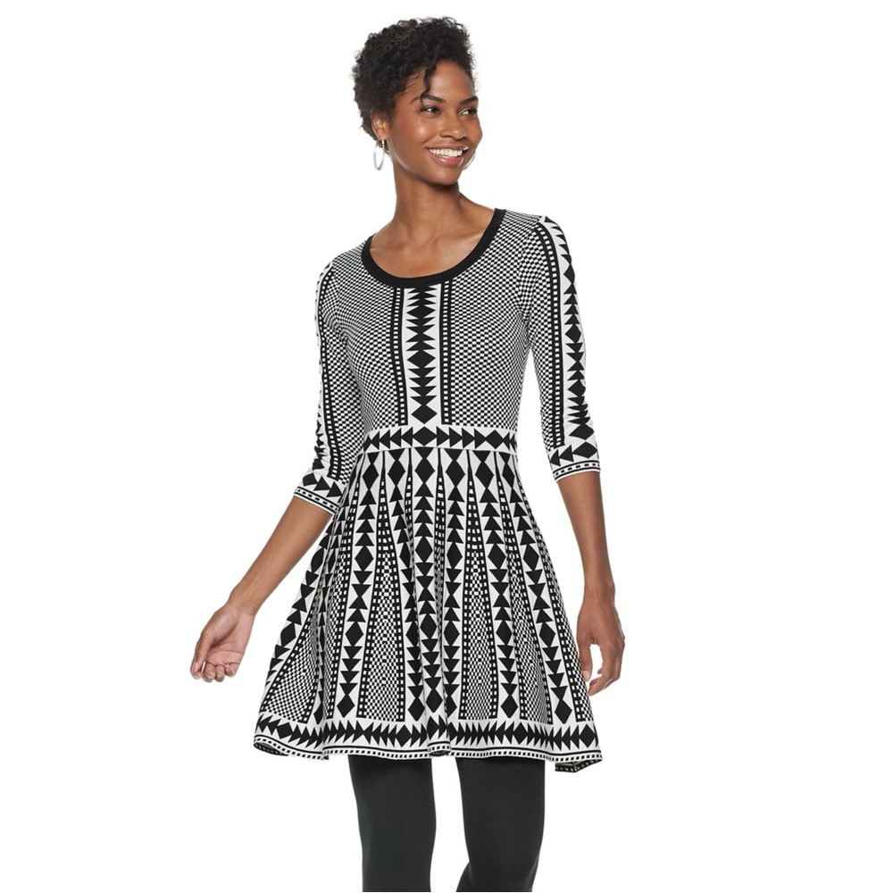 Nina Leonard Geometric Fit & Flare Sweater Dress, Black and White, Large